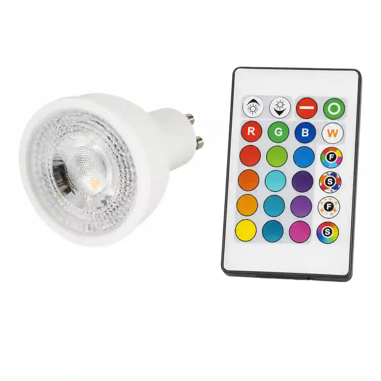 LED žárovka RGB GU10 s dálkovým ovladačem vedle sebe